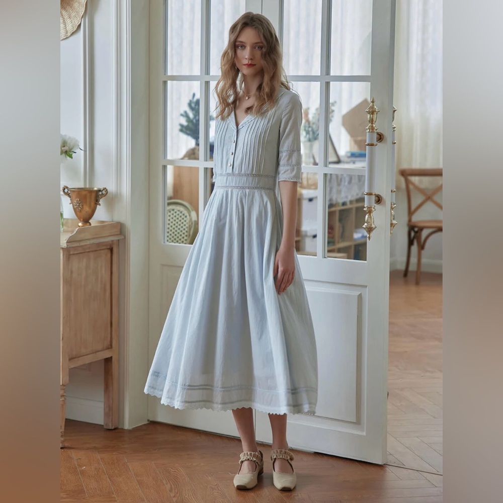 Light Blue Pintuck Midi Dress with Tie Waist